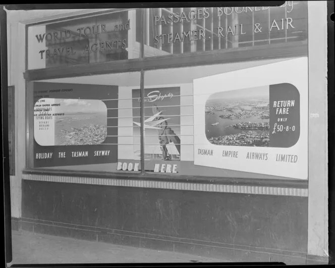Haythornthwaite display window of Henderson and McFarlane travel agents advertising Tasman Empire Airways Limited