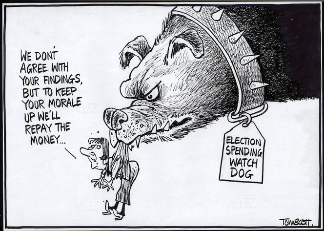 Election spending watchdog. "We don't agree with your findings, but to keep your morale up we'll repay the money." 16 October, 2006.