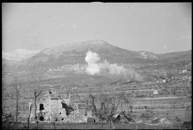 Enemy shelling and counter smoke shelling the vicinity of the village of San Pietro, Monte Cassino area