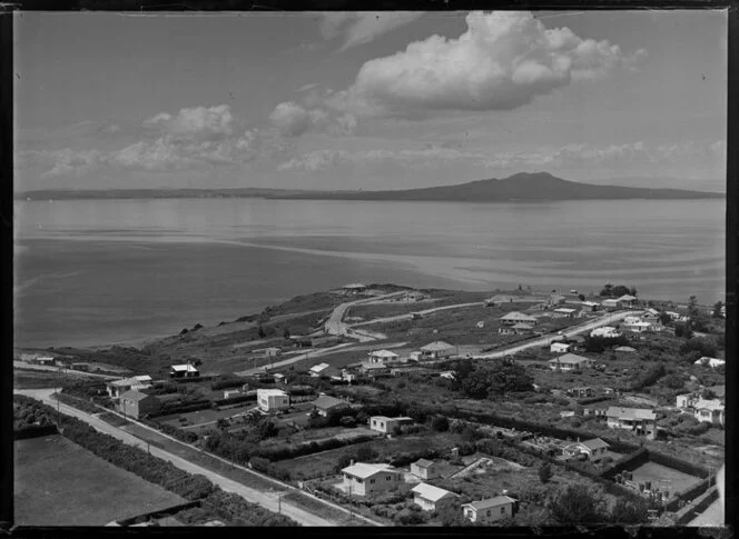 Looking toward the tip of Rothesay Bay and Murrays Bay, North Shore City, Auckland, including Waitemata Harbour and Rangitoto Island