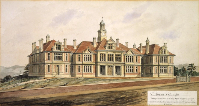 Clere, Frederick de Jersey, 1856-1952: Victoria College; design submitted by F de J Clere F R I B A (and in accordance with the terms of the competition) not to cost more than £30,000 / F de J Clere del. - 23. 7. [19]04