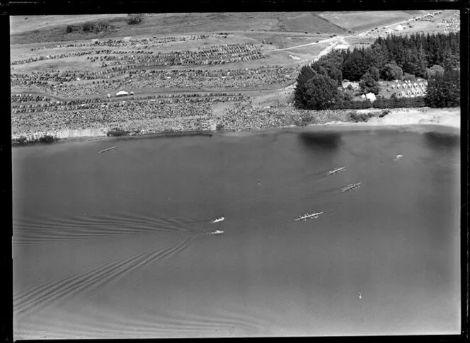 Rowing eights race, British Empire Games, Lake Karapiro, Waikato