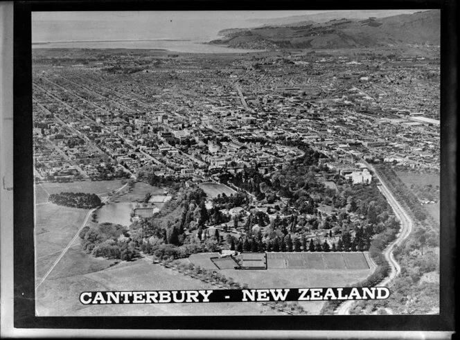 Aerial view of city with Hagley Park in the foreground, Christchurch