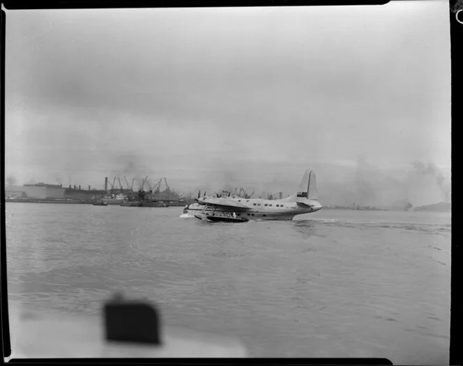 Tasman Empire Airways Ltd, Solent IV flying boat, RMA Awatere, ZK-AMN, taxiing, Mechanics Bay, Auckland