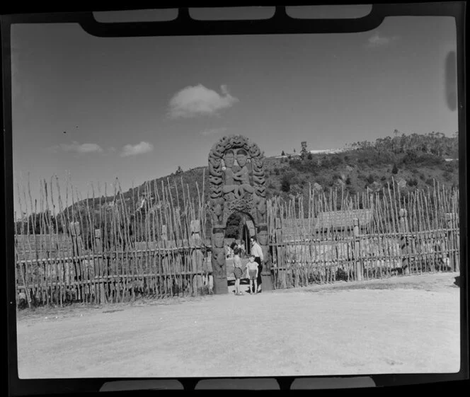 Maori carved wooden gateway at Whakarewarewa Pa, Rotorua