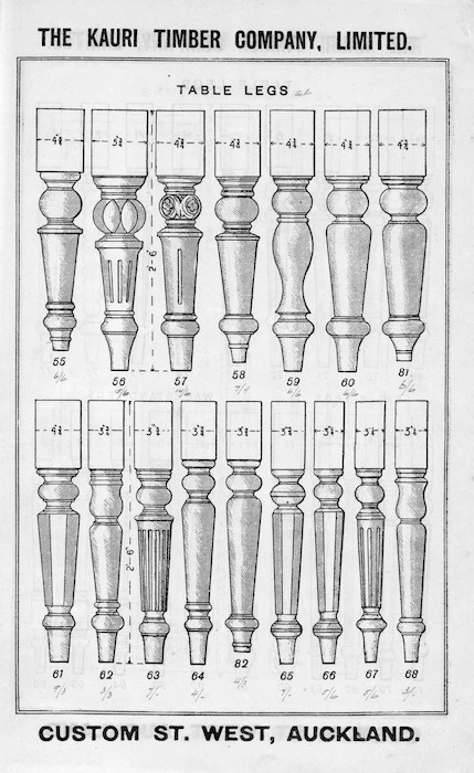The Kauri Timber Company Ltd (Auckland Office) :Table legs. [Catalogue page. ca 1906].