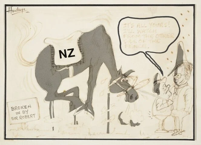 Hawkey, Allan Charles, 1941- :"It's all yours! I'll watch from the other side of the fence" / Hawkeye. Published in the Timaru Herald on Friday the 27th July 1984.