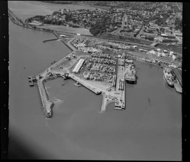 Containers, ships and cranes, Fergusson Wharf, Port of Auckland, Waitemata Harbour, including Main Trunk Line and Parnell Baths