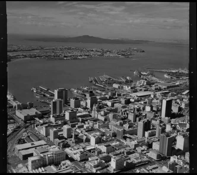 Central Auckland looking towards Devonport, including Ferry Terminal, Port, Waitemata Harbour and Rangitoto Island