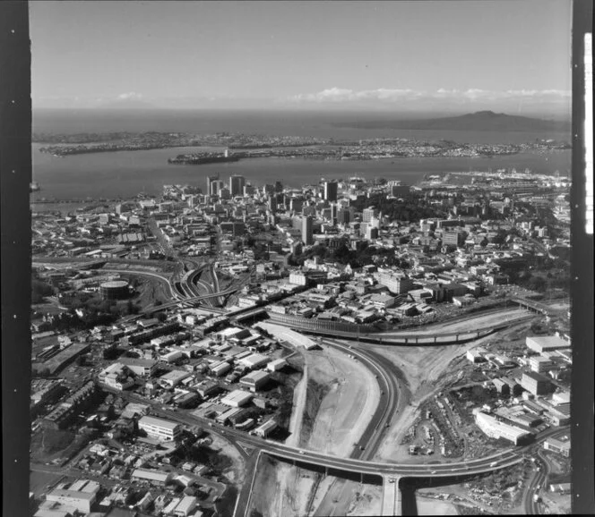 Auckland motorway construction, Newton, with 'spaghetti junction' roads