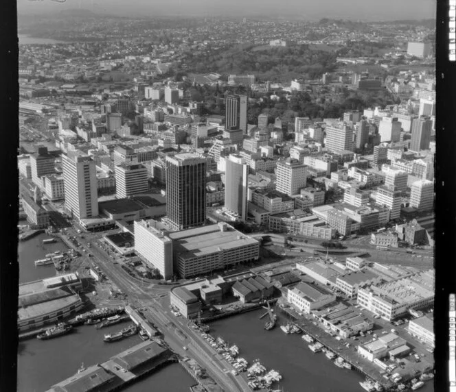 Auckland city waterfront area with shipping