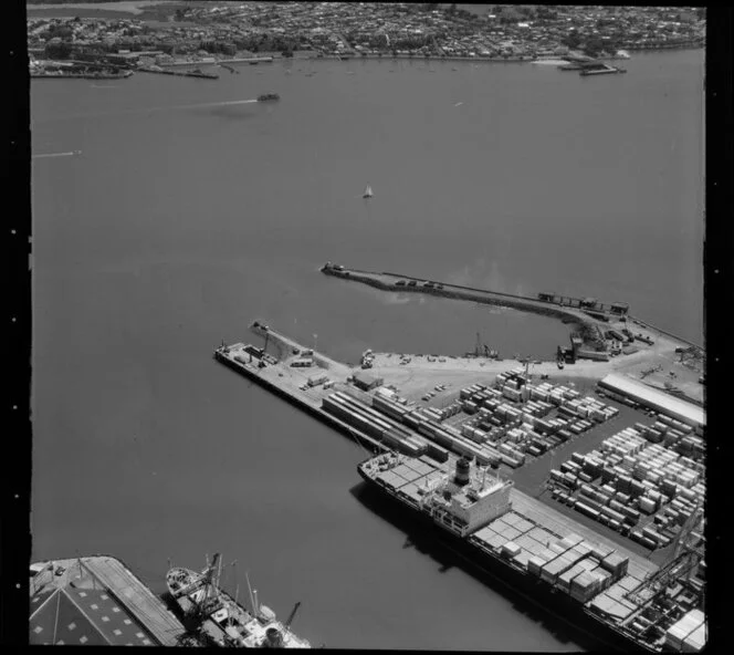 Ships and containers at Fergusson Wharf, Port of Auckland, Waitemata Harbour, including Devonport and Devonport Ferry