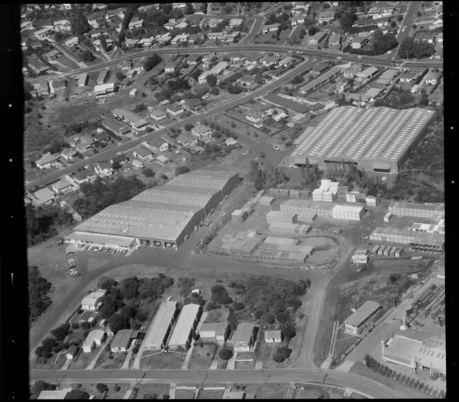 Unidentified factories, Carbine Road industrial area, Mt Wellington, Auckland, also including residential housing