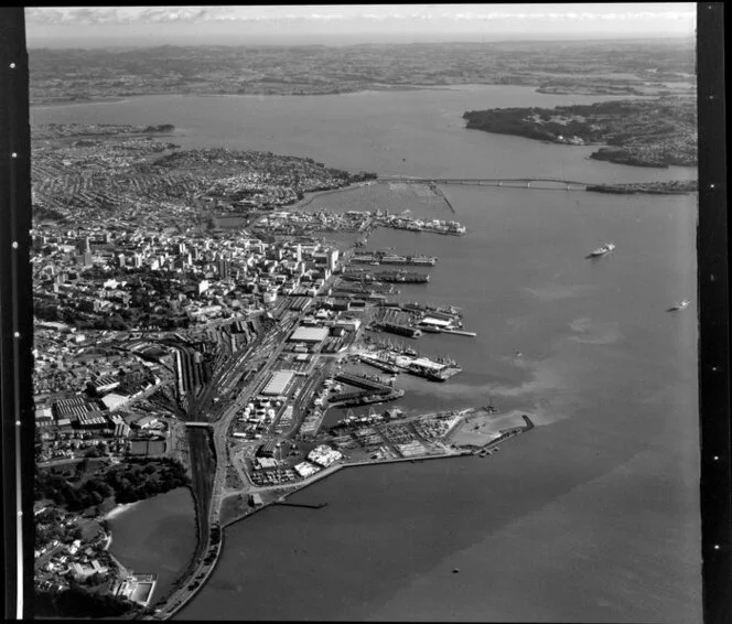 Auckland City, including Parnell Baths, Port, Railway Station, Harbour Bridge, and Waitemata Harbour