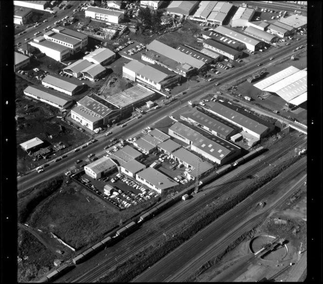 Factories, including Honda, in industrial area, Manukau City, Auckland, also including railway lines