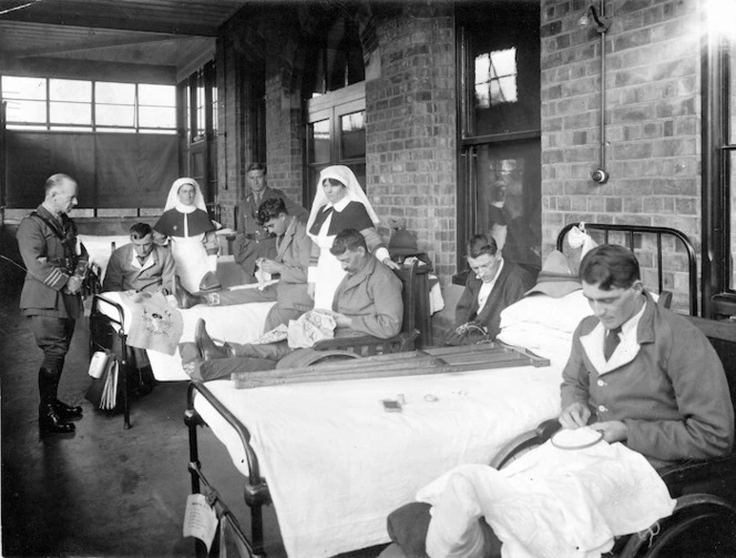 Hinge, Leslie 1868-1942 :World War I returned servicemen embroidering
