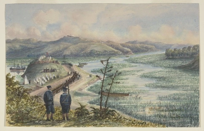 [Scrivener, Henry Ambrose] b 1842 :Harrier's naval camp, Mangatawhiri Creek, Waikato River, New Zealand, with Koheroa Heights. 1863.