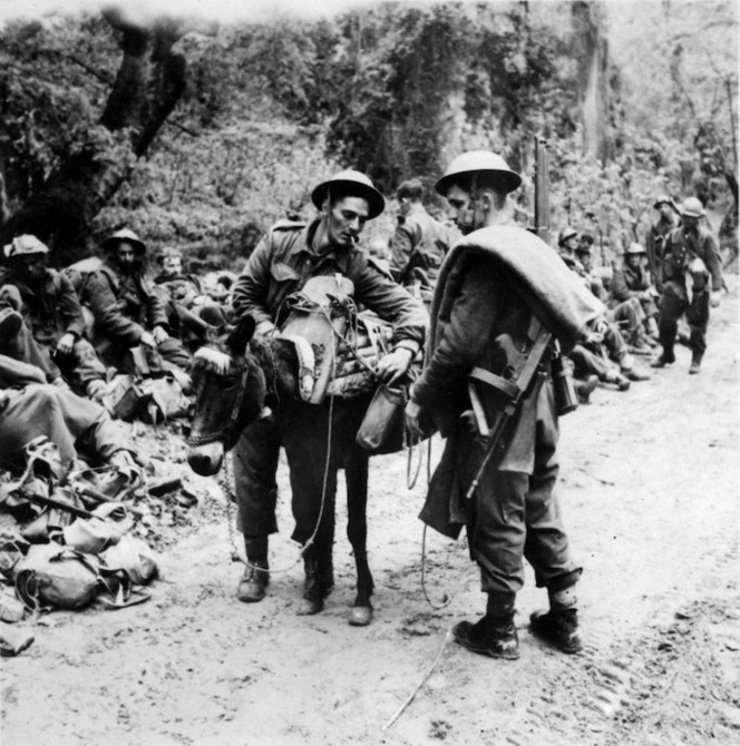 Soldiers of the 21st Battalion loading up a donkey, Greece