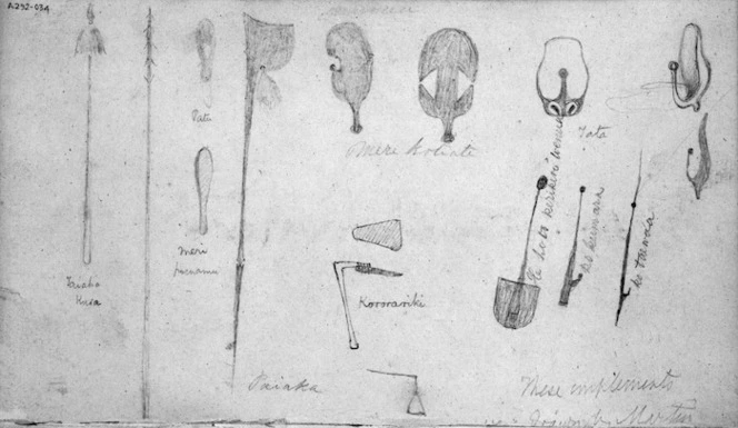Collinson, Thomas Bernard, 1822-1902 and Henare Matene Te Whiwhi, d.1881 :These implements were drawn by Martin [of Otaki] 1846. Mere. Taiaha. Paiaka. Kororariki. Tata. Patu. Mere kotiati. He poto kerikeri wenua. Ko kumara. Ko taewaa.
