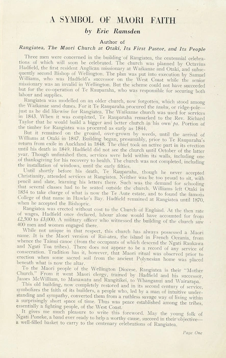 Ramsden, George Eric :A symbol of Maori faith. [1950].