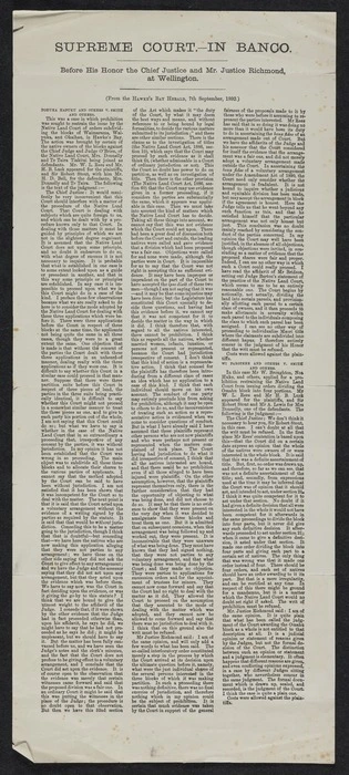 Supreme Court - in banco, before His Honor the Chief Justice and Mr Justice Richmond, at Wellington. (From the Hawke's Bay Herald, 7th September 1892)