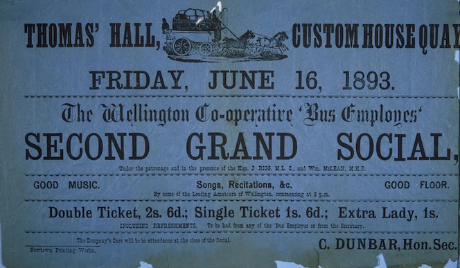 Wellington Co-operative Bus Employes' [sic] second grand social, Thomas' Hall, Friday June 16, 1893.