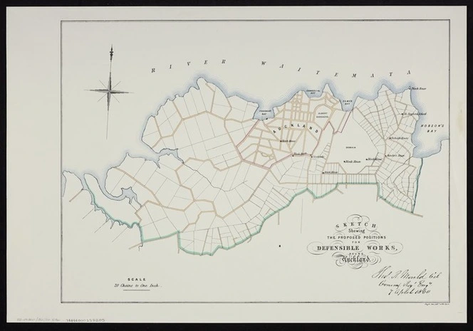 Sketch shewing the proposed positions for defensible works on the line of the Tamaka [i.e. Tamaki] River and the Manukau / Thos. R. Mould, Col., Commd. Royl. Engr., 7 Apr. 1860.