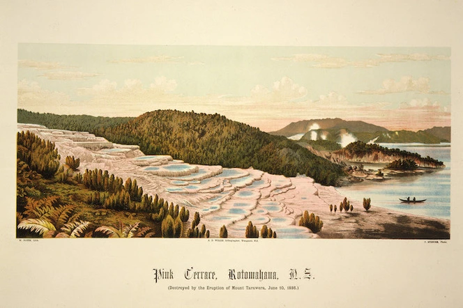 Willis, Archibald Duddington (Firm) :Pink Terrace, Rotomahana, N.Z. W. Potts, lith; C. Spencer, photo. Wanganui; A.D. Willis [1889]