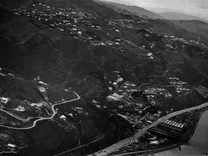 Aerial view of the suburbs of Kaiwharawhara and Te Kainga, Wellington