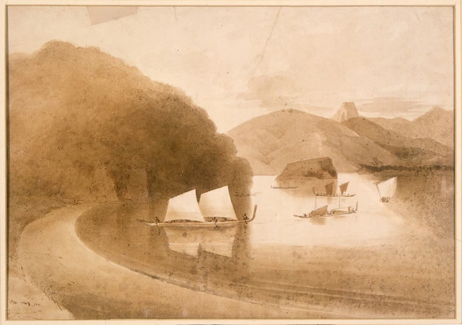 [Heaphy, Charles] 1820-1881: View southeast from Oahuru Bay, north of Coromandel, towards Motupohukuo Island (Turkey Island) and Motutere / Castle Rock, Coromandel Peninsula