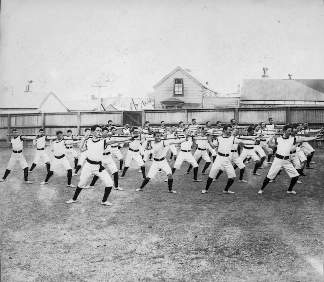 Wellington Physical Training School. Men doing stretches.