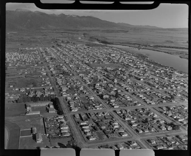 Township of Westport facing south, including Victoria Square park and Buller River, Buller district, West Coast