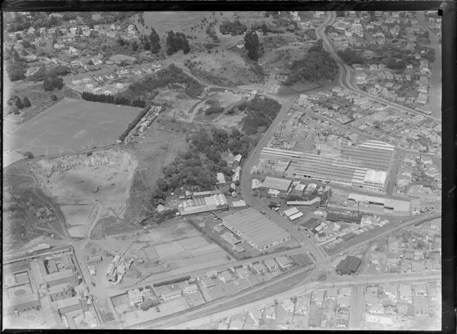 Mount Eden, Auckland, view over the Colonial Ammunition Company plant with shot tower next to The Kauri Timber Co Ltd, Normanby Road, with residential housing, Auckland Grammar School and Mount Eden Prison