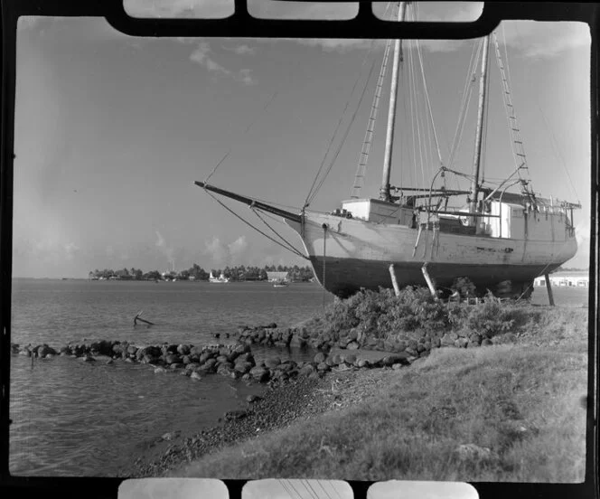 Papeete waterfront, Tahiti, showing boat on land