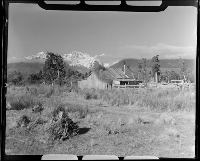 Fox Glacier, West Coast Region, showing Mount Cook, Tasman and Pioneers cottage from Flats