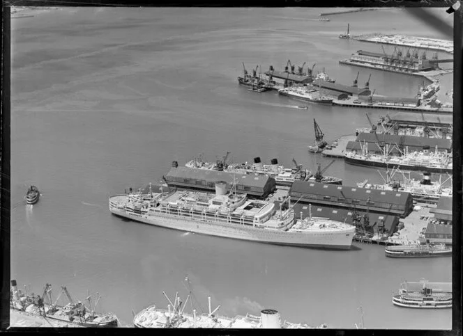 Waterfront scene, including cruise ship Orcades and other ships, Auckland