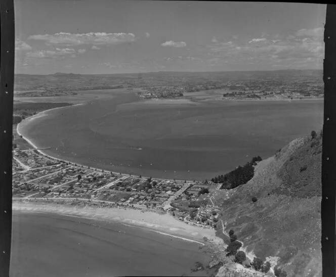 Mount Maunganui, Bay of Plenty, showing Marine Parade, township and part of the Mount