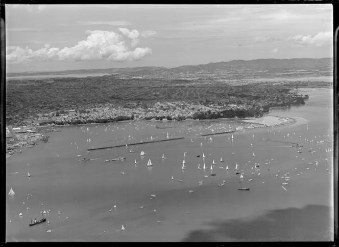 Yachting Regatta, Okahu Bay, Auckland, showing yachts, boats and residential area