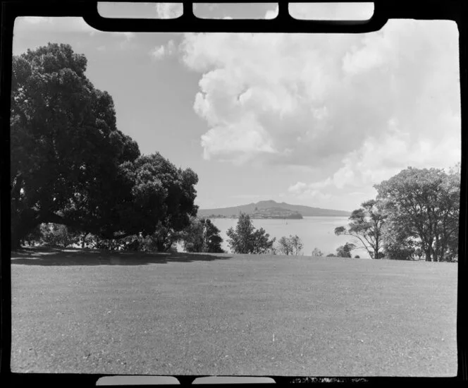 Parnell Gardens, Parnell, Auckland, showing Rangitoto Island in the distance