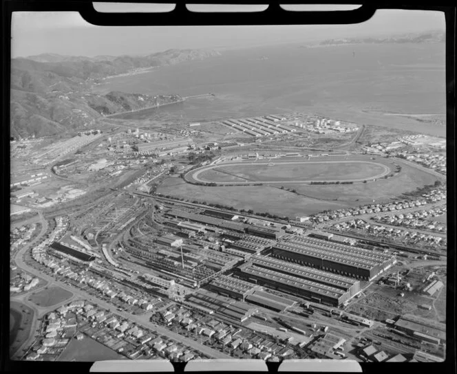 Petone and Gracefield, Lower Hutt, showing workshops and Hutt Park Raceway
