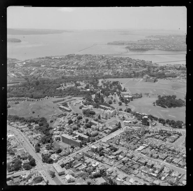 Auckland scene, including Auckland hospital, Auckland Domain and War Memorial Museum