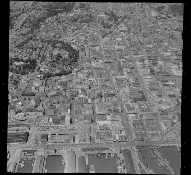 Auckland scene, including waterfront, commercial area, Albert Park and Grafton bridge