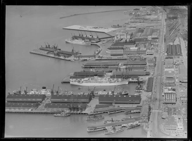 Waterfront scene, including ships and Quay Street, Auckland