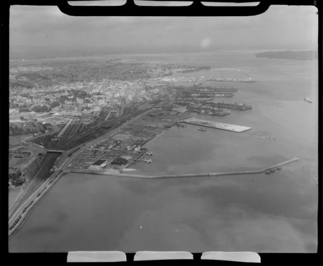 Waterfront view, including railway yard and Mechanics Bay, Auckland