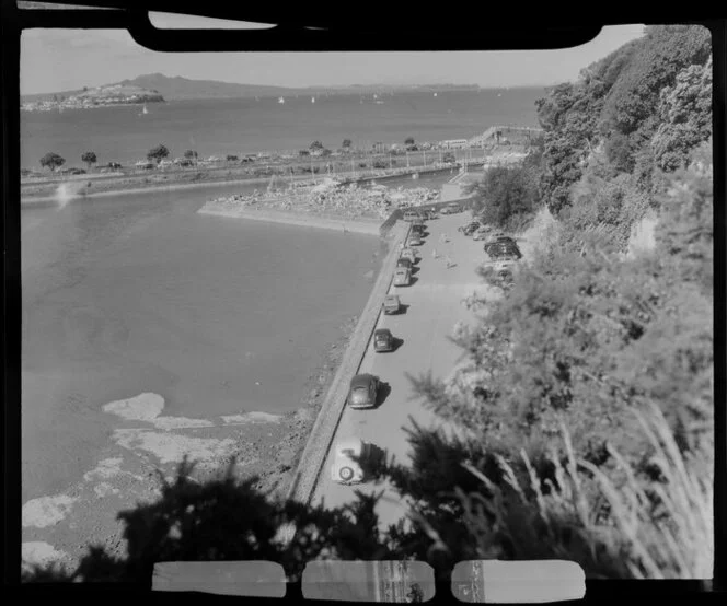 View from Judges Bay Road, Parnell Baths, looking out towards Rangitoto Island, Parnell, Auckland