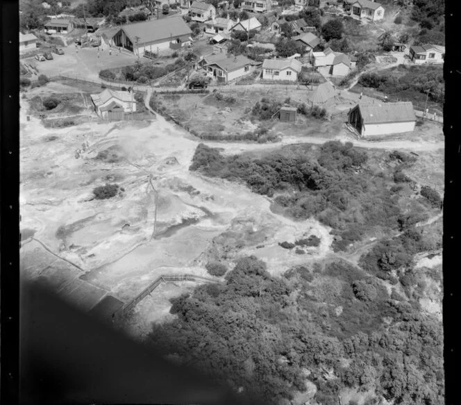 Aerial view of Te Pakira Marae and thermal pools, Whakarewarewa, Rotorua