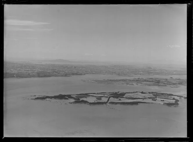Puketutu Island, Manukau Harbour, Auckland, looking toward Mount Roskill, Onehunga and Rangitoto Island