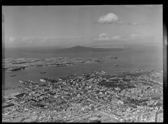 Auckland City and waterfront, including Rangitoto Island in the background
