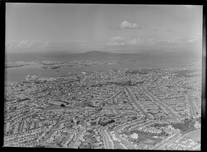 Auckland City and waterfront, including Rangitoto Island in the background