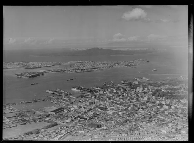 Auckland City and waterfront, including Rangitoto Island in the background